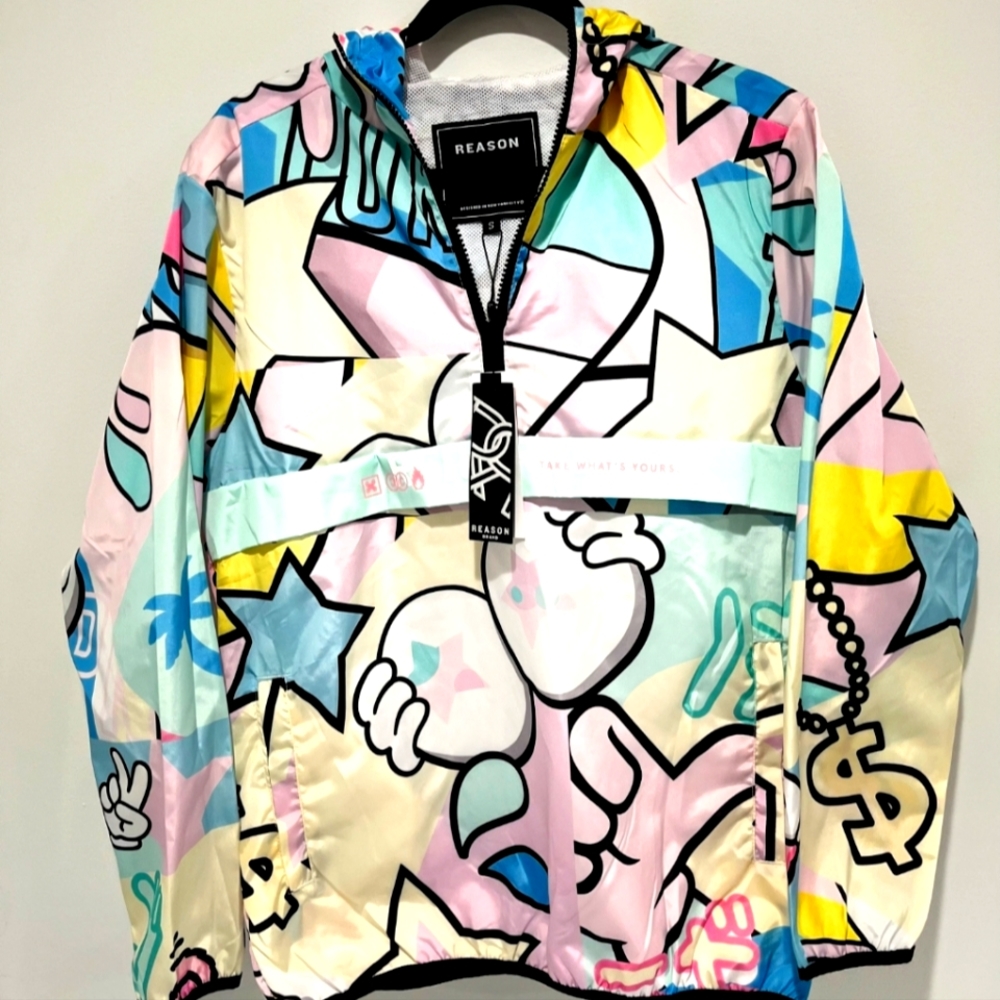 Reason Brand Windbreaker Anorak graffiti cartoon design NWT Men's Small